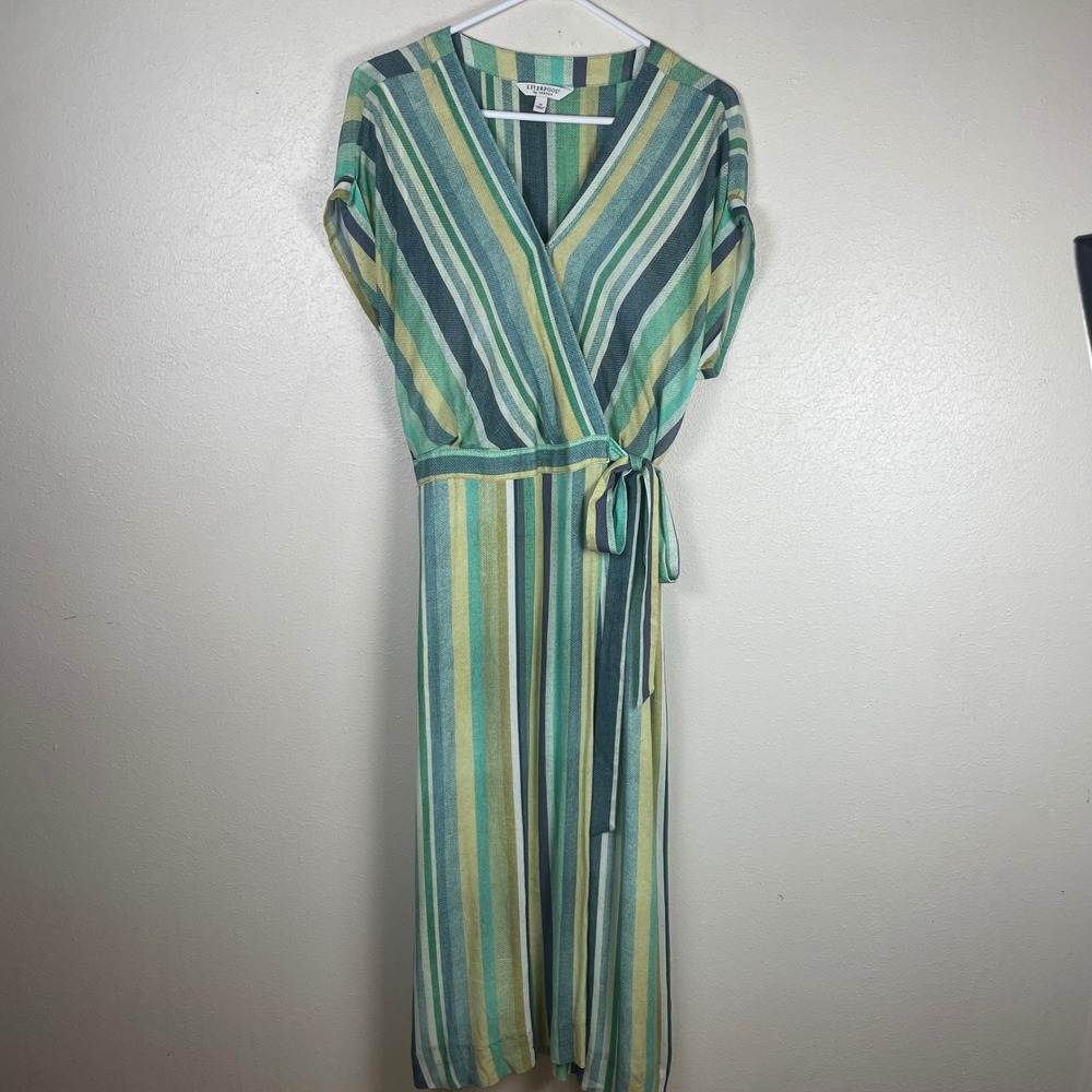 Liverpool Los Angeles Teal Multi Stripe Wrap Midi Dress‎ M